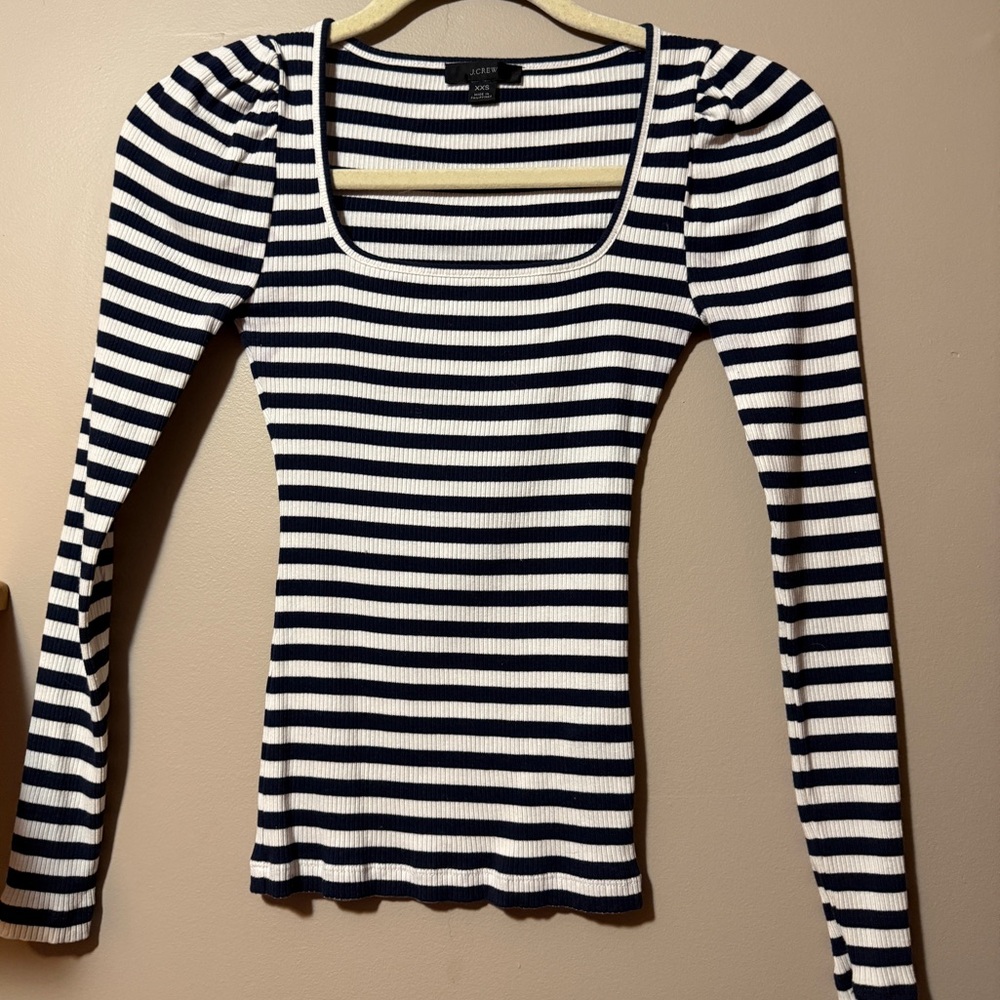 NWOT JCrew Ribbed Cotton Square Neck Long Sleeve Shirt Navy White Stripe XXS